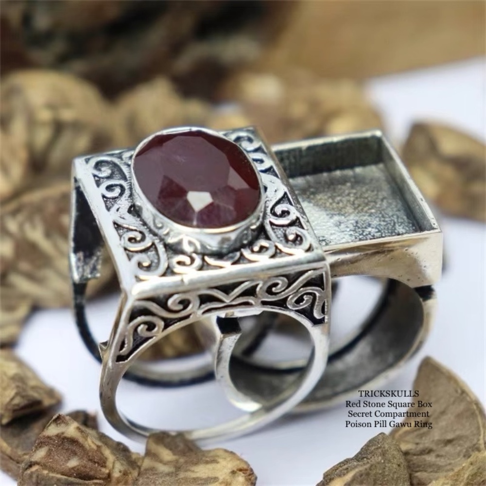Red Stone Square Box Secret Compartment Poison Pill Gawu Ring 6 7 8 9 10 11 12 + - Picture 7 of 8